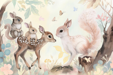 Obraz premium A beautiful watercolor illustration featuring a collection of woodland baby animals in soft pastel colors