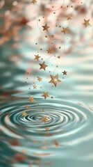 A mesmerizing visualization of stars cascading downwards with ripples on a reflective surface, representating beauty and depth, evoking emotion and tranquility in a serene ambiance.