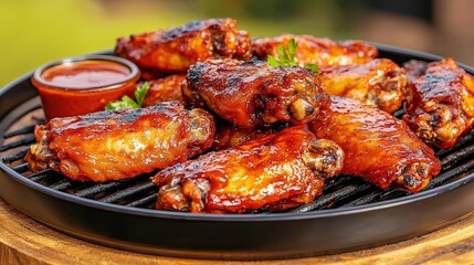 A backyard barbecue scene with buffalo wings sizzling on the grill