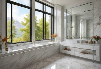Fototapeta premium Floor-to-ceiling glass windows in a marble bathroom with a double sink vanity, sink, mirror