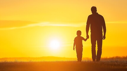 Fototapeta premium silhouette of a father and child walking on beach during golden sunset