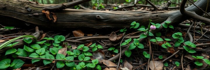 Fototapeta premium Forest floor with wood sorrel and other wild edibles growing amidst decaying logs and branches, forest ecosystem, wood sorrel, wild edibles