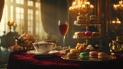 Fototapeta premium Elegant afternoon tea setup in a luxurious palace setting with pastries and tea.