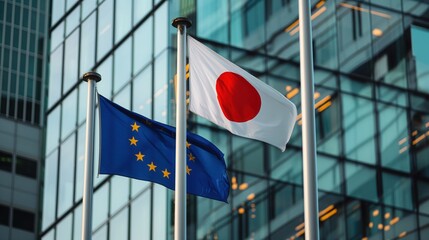 two flags on tall poles in modern urban setting eu emblem with yellow stars near japanese rising sun symbol concept of diplomacy, business, travel
