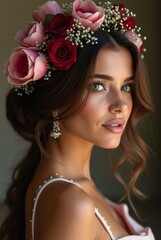 Naklejka premium A captivating woman with rich olive skin, long silky dark brown hair in an elegant low bun, her head adorned with pink tulips, deep red carnations, and soft baby’s breath