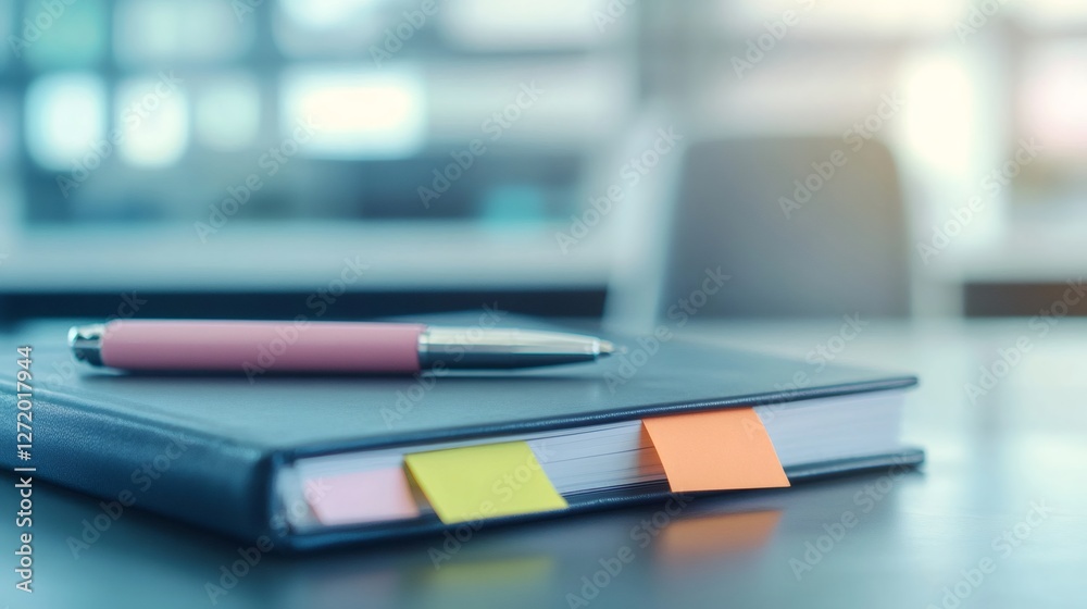 Poster Notebook with colorful sticky notes and a pen on a desk symbolizes effective time management and multitasking in a busy work environment, highlighting the chaos of deadlines and stress