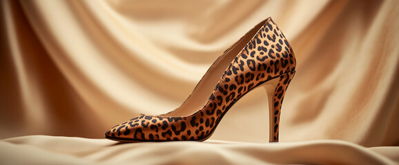 A close-up shot of a stylish leopard print high heel shoe on luxurious satin fabric, symbolizing elegance, fashion, and femininity.