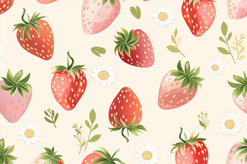 A seamless pattern featuring cute strawberry illustrations paired with delicate flower designs, perfect for baby room decor and nursery decoration