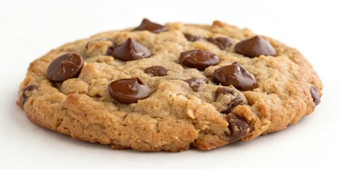 Freshly baked oatmeal cookie with a generous helping of milk chocolate, soft and chewy center, crunchy edges, morning snack, warm from oven, freshly baked oatmeal cookie