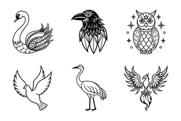 "Hand-Drawn Bird Illustrations Set – Swan, Raven, Owl, Dove, Crane, and Phoenix | Black and White Line A