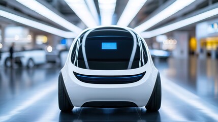 Fototapeta premium Futuristic Autonomous Vehicle Displayed in Modern Showroom Environment, Automotive show highlights new car trends concept.