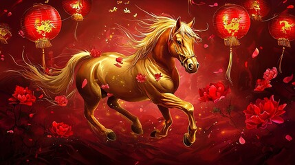 Golden horse amidst red lanterns and blossoms in festive setting