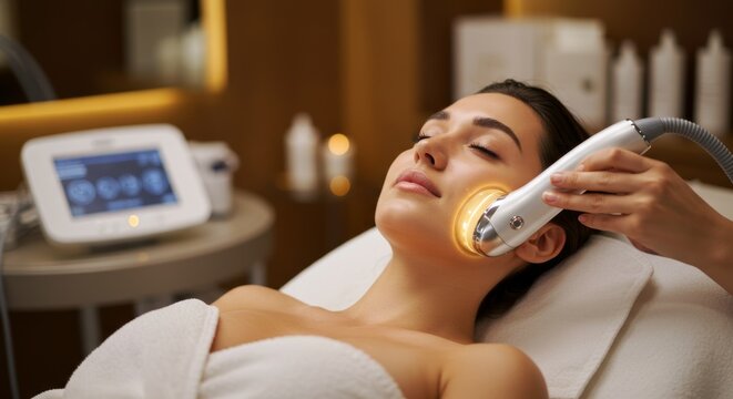 A luxurious beauty salon, where a woman enjoys an RF-lifting session