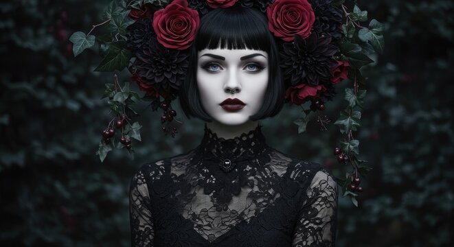 A mysterious gothic woman with pale ivory skin and sleek jet-black bob haircut, her face framed by deep red roses, black dahlias, and dark ivy leaves