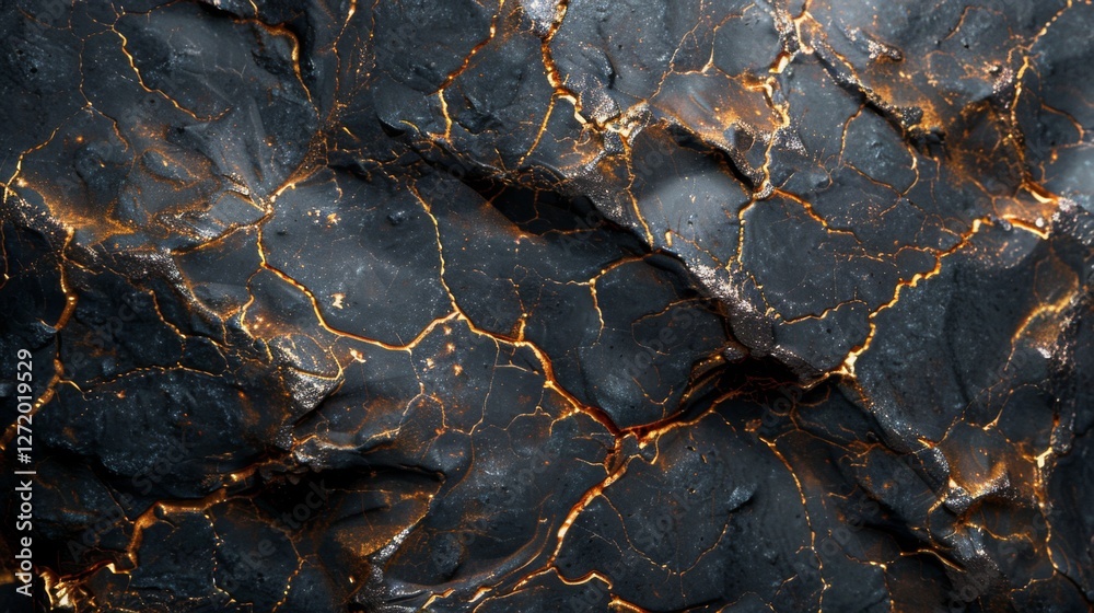 Poster remarkable surface of dark volcanic rock displaying intricate golden veins across its rough texture,