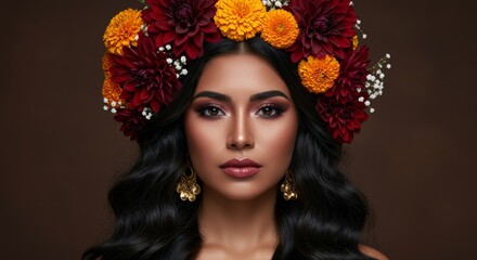 Fototapeta premium A stunning Mexican woman with long wavy jet-black hair, deep brown eyes, and warm tan skin, her hair adorned with red dahlias, golden marigolds, and tiny white flowers