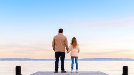Fototapeta premium Father and daughter on pier, scenic lake sunset, contemplation, family moment