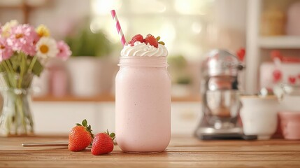 A rustic strawberry milkshake served in a mason jar with a striped straw