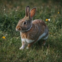 Fototapeta premium A peaceful scene of a rabbit hopping through a blooming meadow. A rabbit hopping through a meadow. A rabbit in a quaint, small cage in a peaceful meadow filled with vibrant wildflowers. Photograph a 
