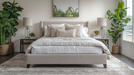 Boucle fabric bedroom design with greenery and natural light