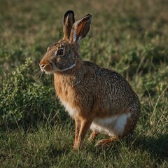 Fototapeta premium A rabbit with long ears standing alert in a grassy field. A rabbit hopping through a meadow. there is a rabbit that is sitting in the grass Cute Bunny in Grass 