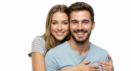 Obraz premium Happy young couple hugging and smiling for the camera against a white background. 