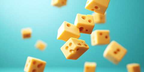 Floating cheese cubes against a blue background create a visually appealing and appetizing composition. Perfect for food-related themes and culinary designs.
