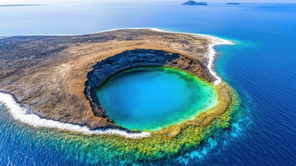 Fototapeta premium Aerial view of a remote volcanic atoll encircling a glowing turquoise lagoon, white coral reefs lining the edges, untouched beauty, wild nature