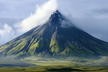 Fototapeta premium Majestic volcano towers over lush green landscape under a cloudy sky