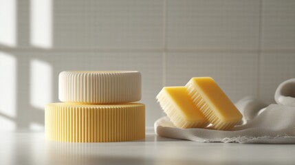 Minimalist composition of stacked soap bars on a white surface with soft shadows and light