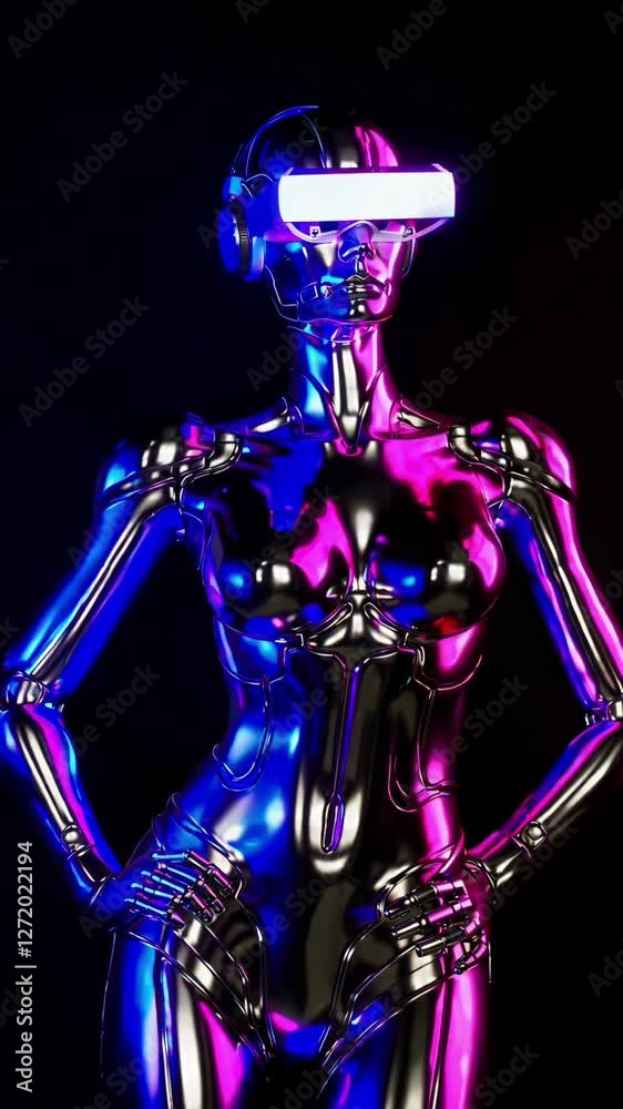 Poster futuristic cyberpunk robot with neon lights transitioning in dynamic dance sequence