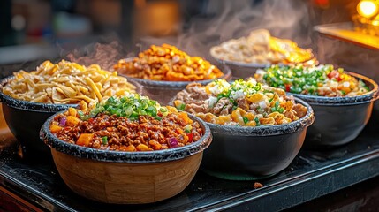 Fototapeta premium A vibrant street food market atmosphere where chili con carne is served in colorful taco trucks