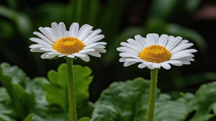 Obraz premium Two White Daisies with Yellow Centers and Dew Drops Close Up