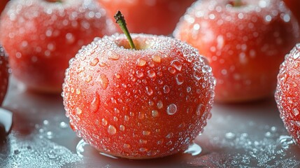 Fresh apples, water droplets, close-up,  background of similar apples