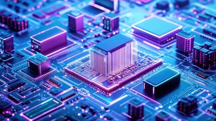 Futuristic Circuit Board with Cityscape Microchips