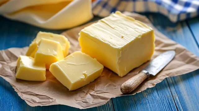 Fresh yellow butter sliced on wood cutting board. Cut butter block and pieces on a rustic table, blue linen napkin. Assortment of natural organic butter for breakfast. Baking ingredient. Close up view