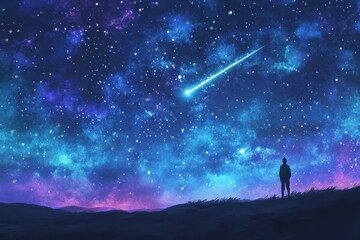 Fototapeta premium A lone figure observes a shooting star against a cosmic background