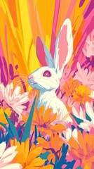 Colorful rabbit surrounded by vibrant flowers in a sunny setting