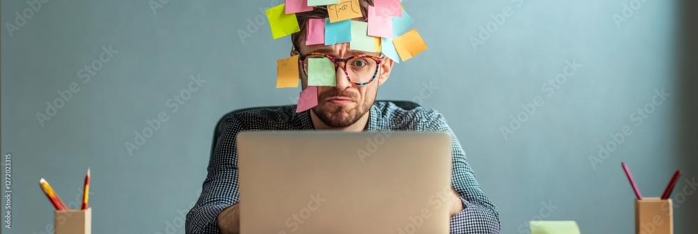 Poster Office worker struggles with multitasking, surrounded by colorful sticky notes while facing a laptop. The scene captures the chaos and stress of time management and looming deadlines