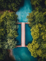 Aerial View Wooden Bridge Lush Green Tropical Forest Turquoise River Nature Serenity Peaceful Landscape Tranquil Scene Summer Vacation Travel         