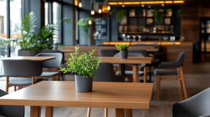 Fototapeta premium Modern Restaurant Interior with Wooden Tables and Grey Chairs