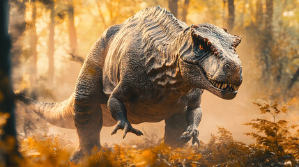 Fototapeta premium Majestic dinosaur walking in a sunlit forest. Ancient giant, prehistoric reptile, formidable and fearsome.
