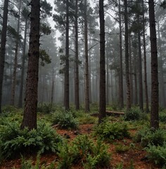 Fototapeta premium A misty morning in a dense pine forest. realistic