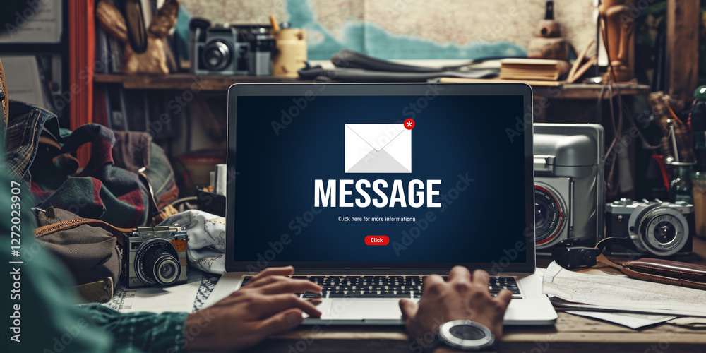 Poster email notification message showing on computer screen brisk. digital marketing message information t