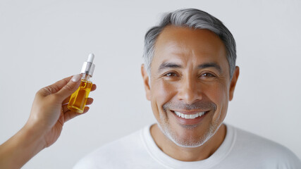 Fototapeta premium Smiling Senior Man with Skincare Oil Bottle