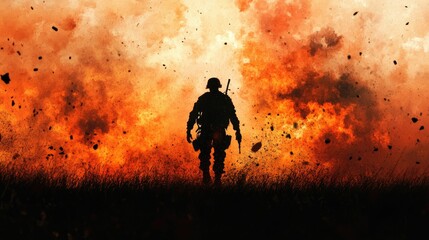 Fototapeta premium Silhouetted soldier walks through fiery, chaotic landscape.
