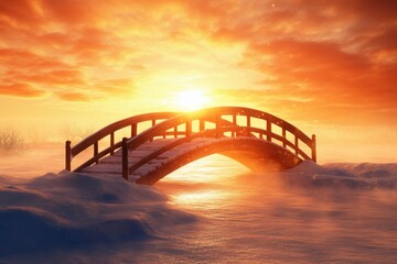 Fototapeta premium Beautiful wooden bridge over snowy landscape at sunset with vibrant colors