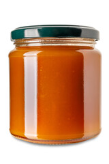 Apricot jam in glass jar with green cap isolated on white with clipping path included