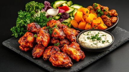 Fototapeta premium An elegant dinner party setting with buffalo wings artfully arranged on a slate platter