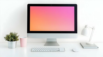 Fototapeta premium Modern Minimalist Workspace with Pink Gradient Computer Screen